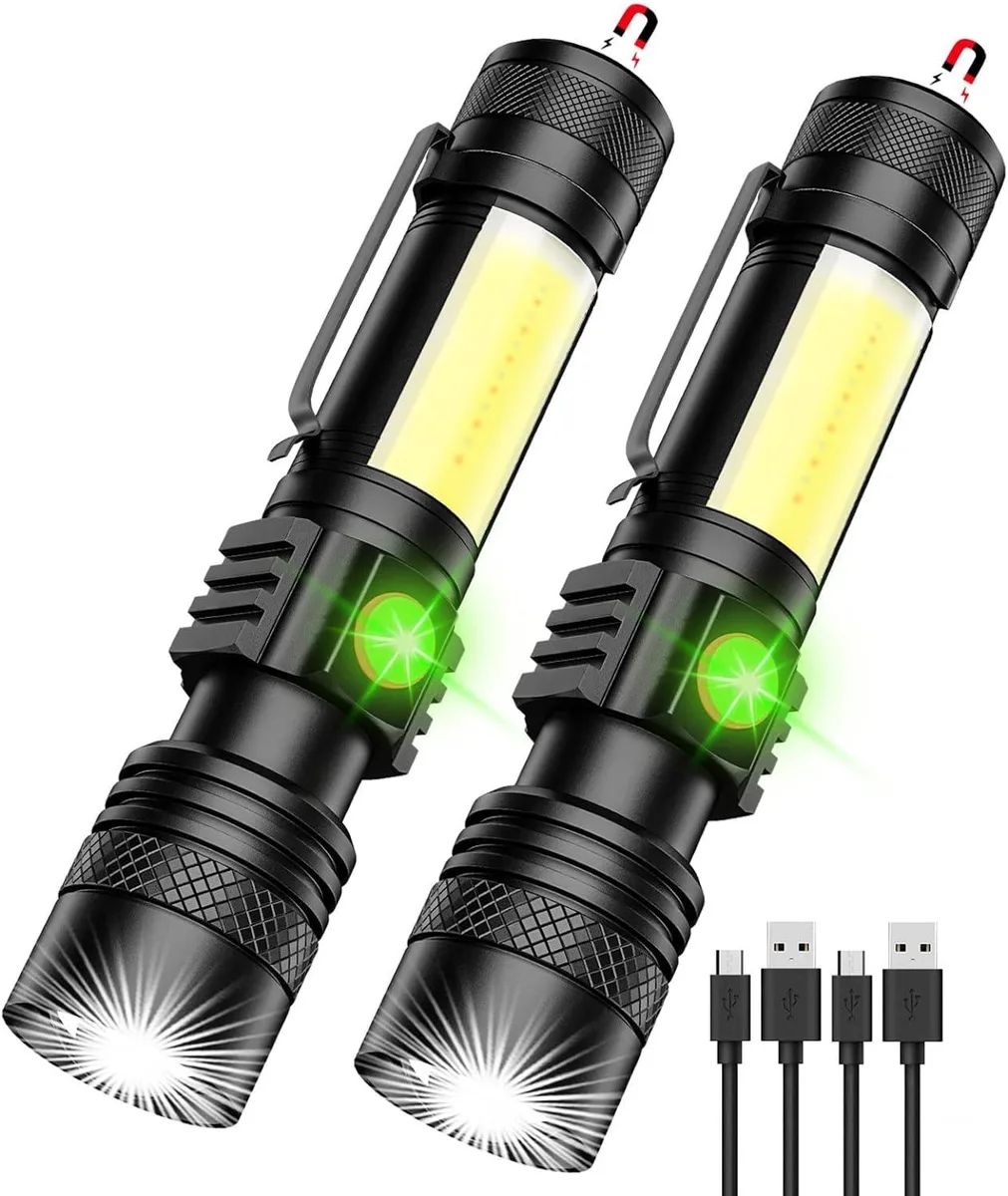 Cylindrical flashlight with zoomable head, magnetic tail cap and side COB panel, matte dark finish