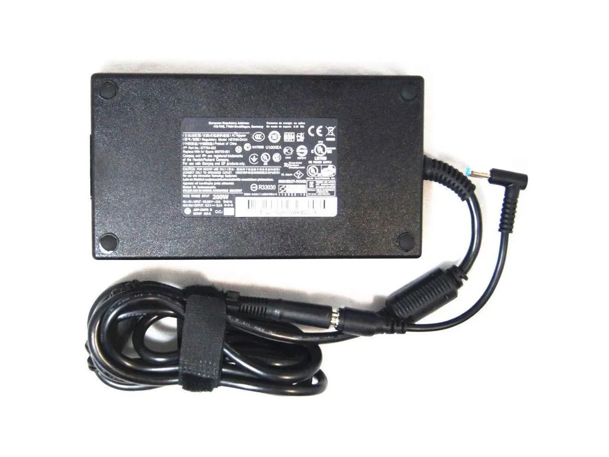 Black rectangular AC adapter with US power cord and detachable DC cable with barrel connector