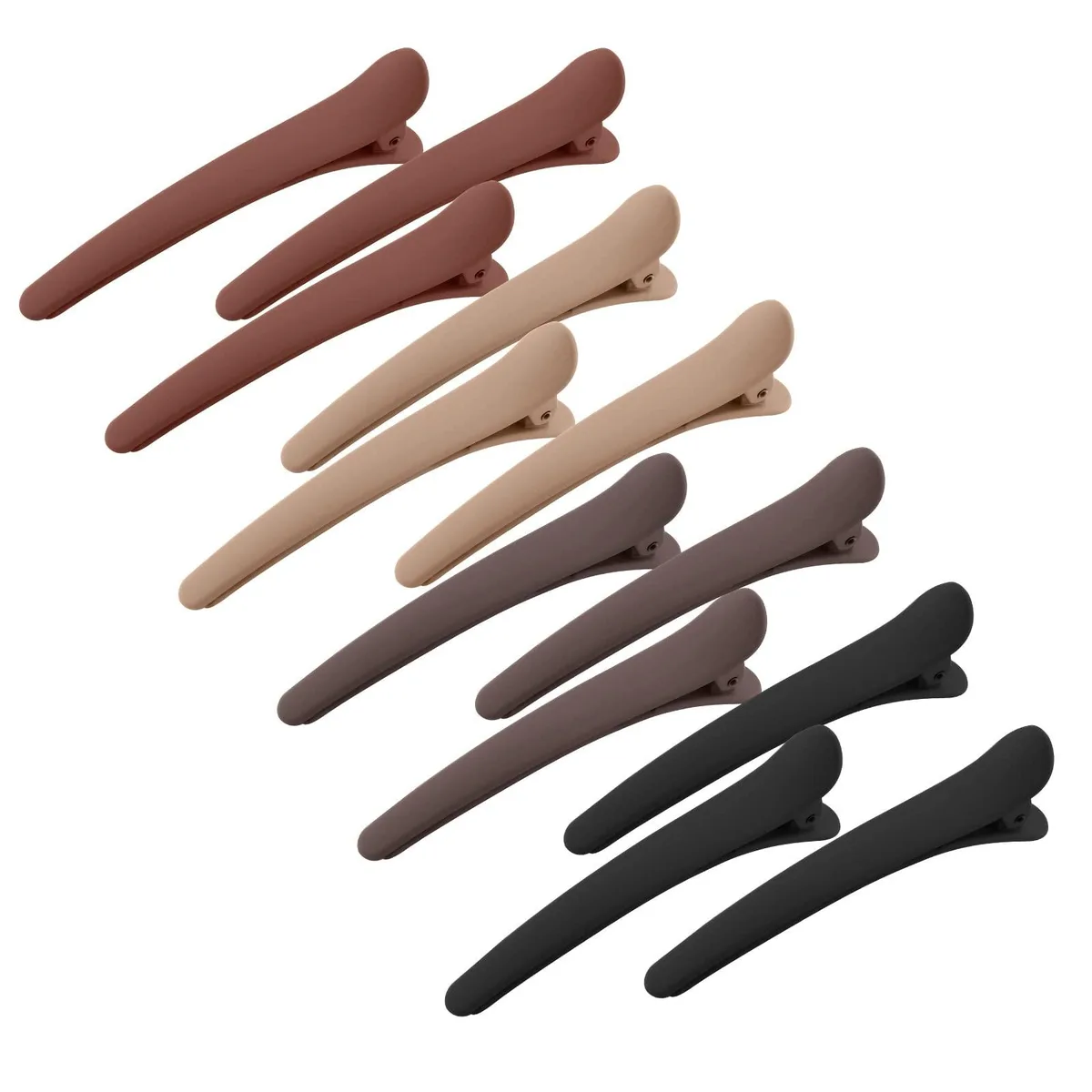 Twelve matte alligator hair clips in four neutral colours, each 3.1 inches long