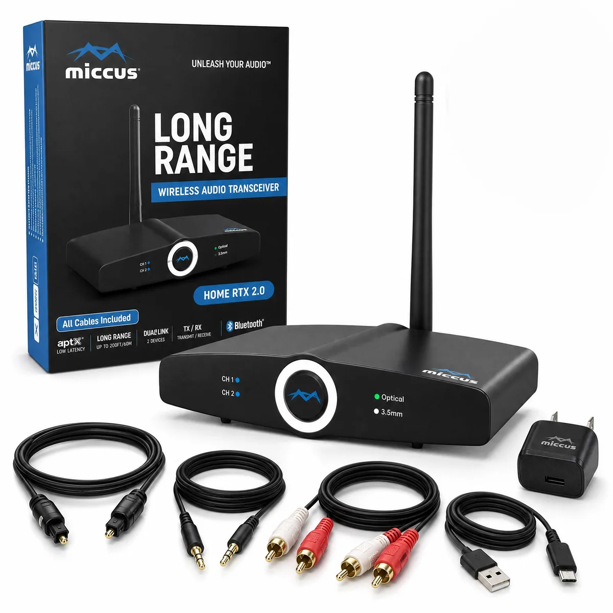 Small black rectangular Bluetooth adapter with rounded edges, LED indicators, and multiple audio ports visible on one side