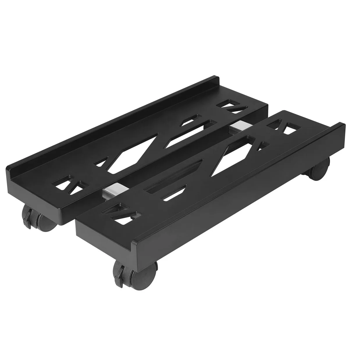 Adjustable metal frame on four wheels, 7.87 to 11.81 inches wide, 15.75 inches long, hollow base for airflow