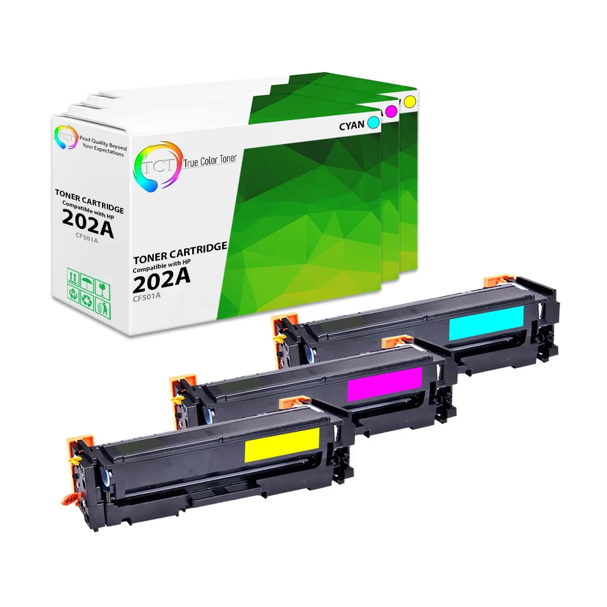 True Color Toner True Color Toner 202A CF501A CF502A CF503A 3 Pack toner cartridge — product photo