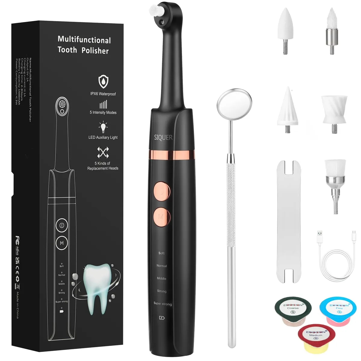 White Waterpik Tooth Polisher 1.0 handset with LED tip, USB-C port and five brush heads