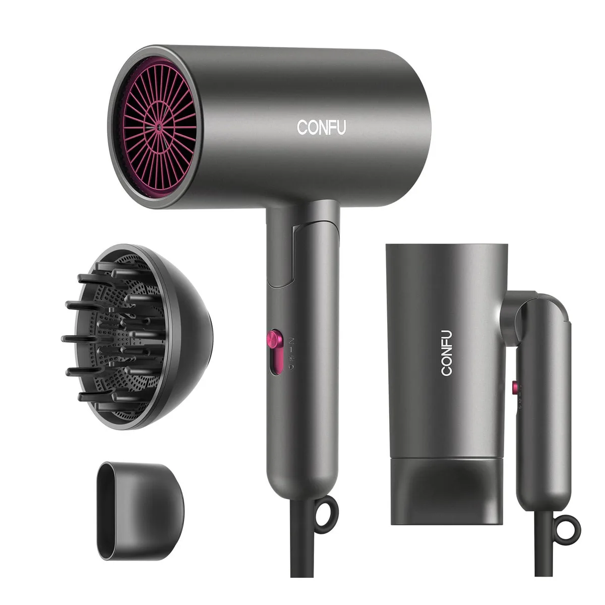 Gray foldable hair dryer with diffuser attachment and short cord