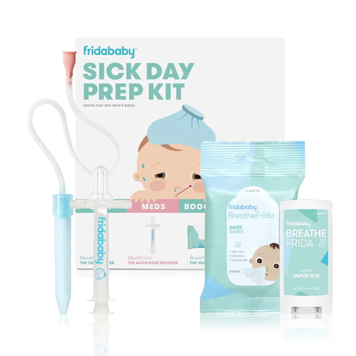 Frida Baby Sick Day Prep Kit 4-piece set in white packaging with nasal aspirator, pacifier medicine dispenser