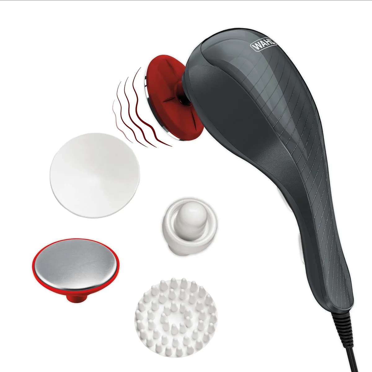 Silver corded vibratory massager wand with heat disc attachment