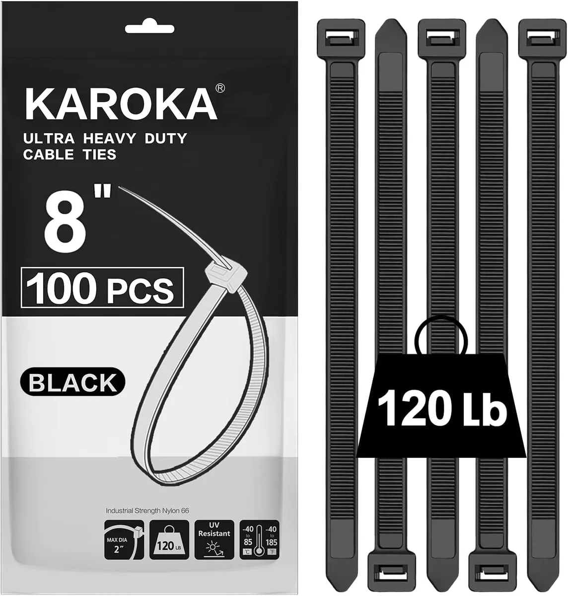 Ennovor Ennovor Heavy Duty Zip Ties 8 inch 120 LB 100 Pieces — product photo