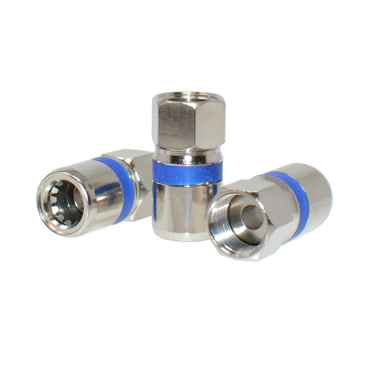 Fifty blue-ringed RG6 dual-shield F-type connectors with self-lock mechanism