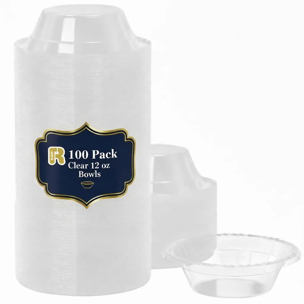 Pack of 100 clear round plastic bowls, 12 oz each