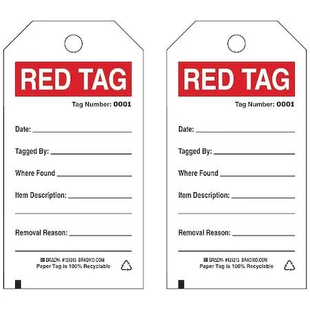 White rectangular paper tags with red header and black text, brass grommets, strings attached, pack of 100