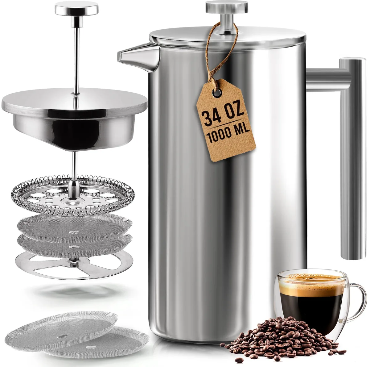 34 oz stainless steel French press coffee maker with double wall insulation and plunger filter system