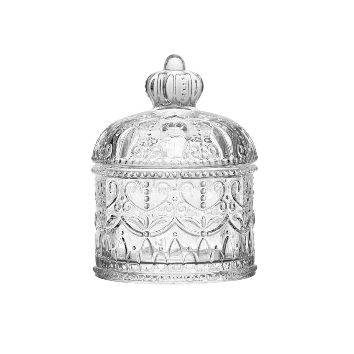 Clear glass jar with lid, vintage embossed design, 200ml capacity