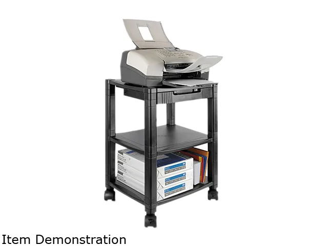 Black three-shelf mobile printer stand with drawer and locking casters
