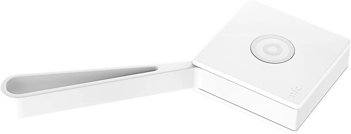 Small white square tag with rounded corners and a key-ring hole