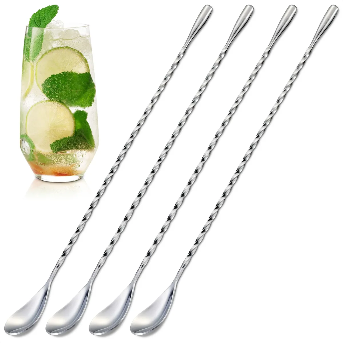 Four 12-inch polished 304 stainless steel bar spoons with twisted handles
