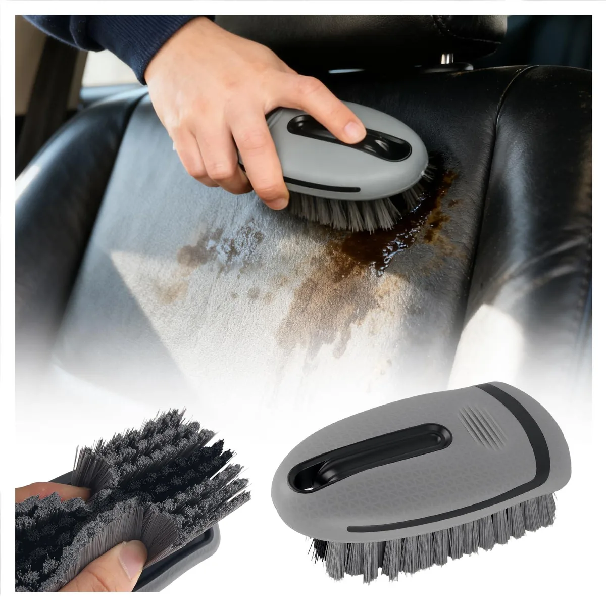 Gray car carpet brush with dense bristles and textured non-slip handle, hanging hole at top