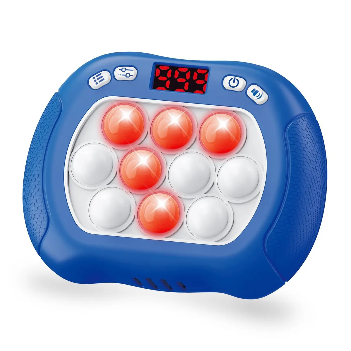 Blue rectangular plastic game console with round light-up bubbles and large reset button on back
