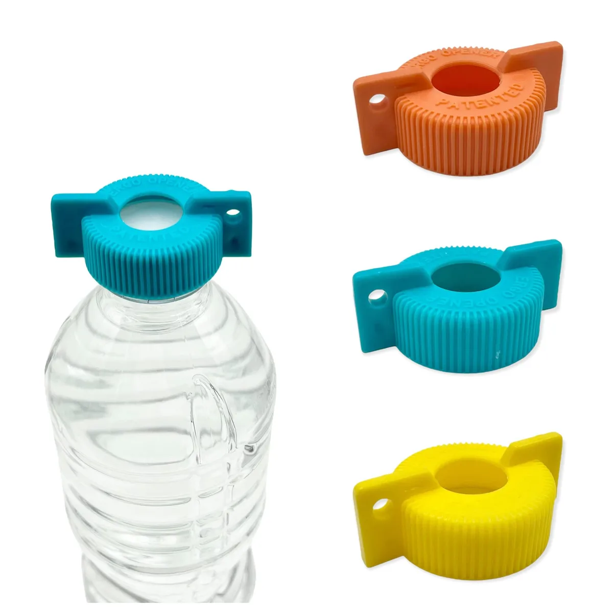 Three small plastic bottle openers, light grey, each about one and a half inches long with a curved grip and key-ring hole