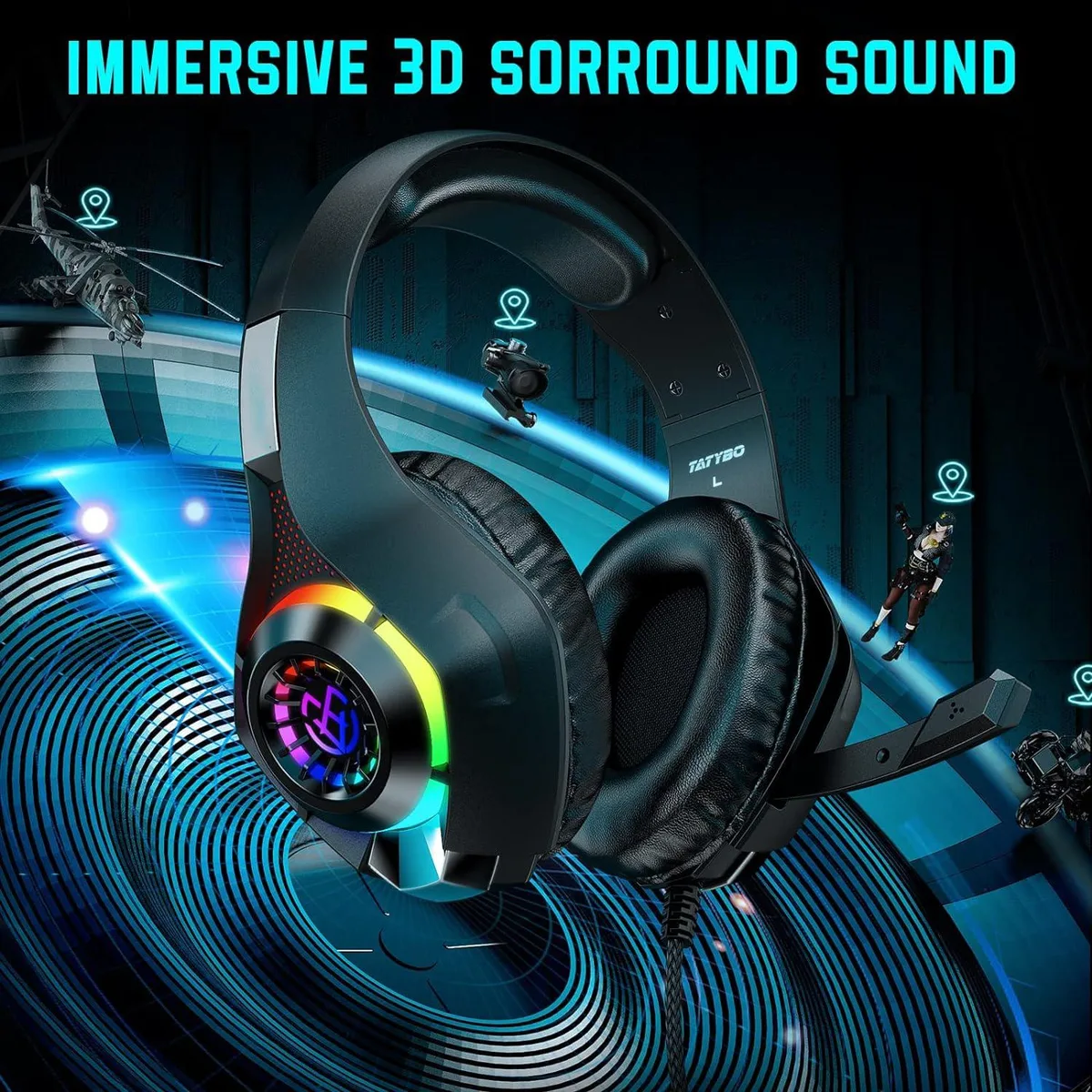 Hitoor Hitoor Wired Gaming Headset Black 3.5mm USB 50mm RGB Noise Cancelling Mic — product photo