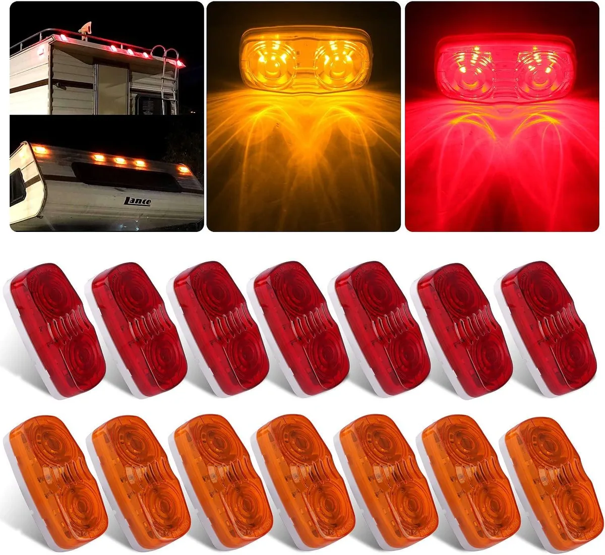 Set of 14 rectangular amber and red LED marker lights with snap-on lenses