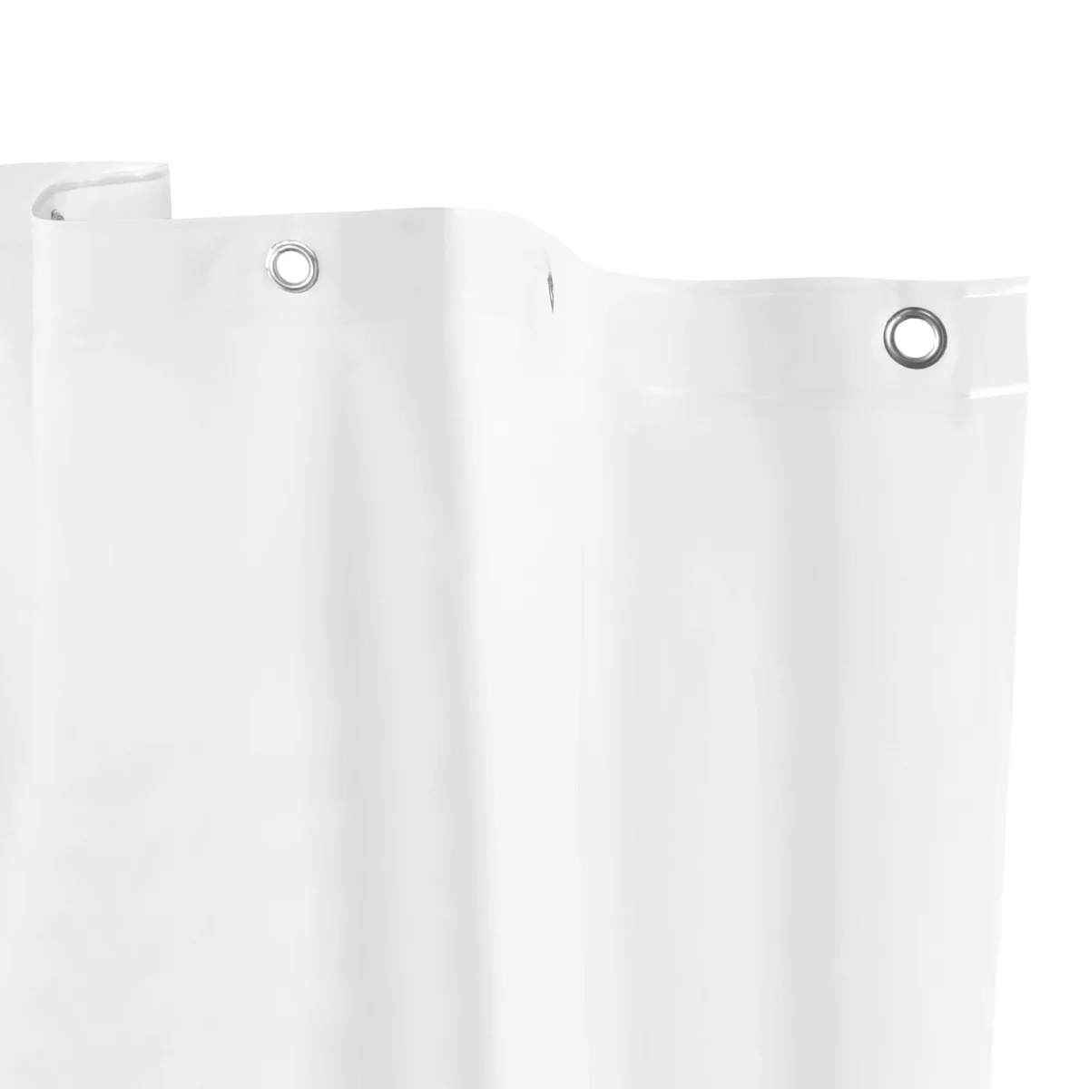White rectangular shower curtain liner with metal grommets and magnetic hem