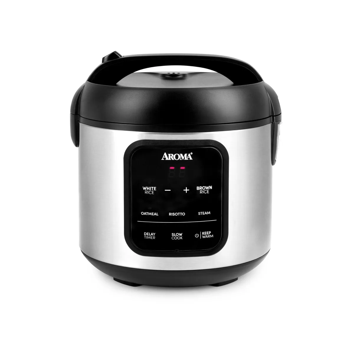 Black stainless-steel rice cooker with digital controls and plastic lid