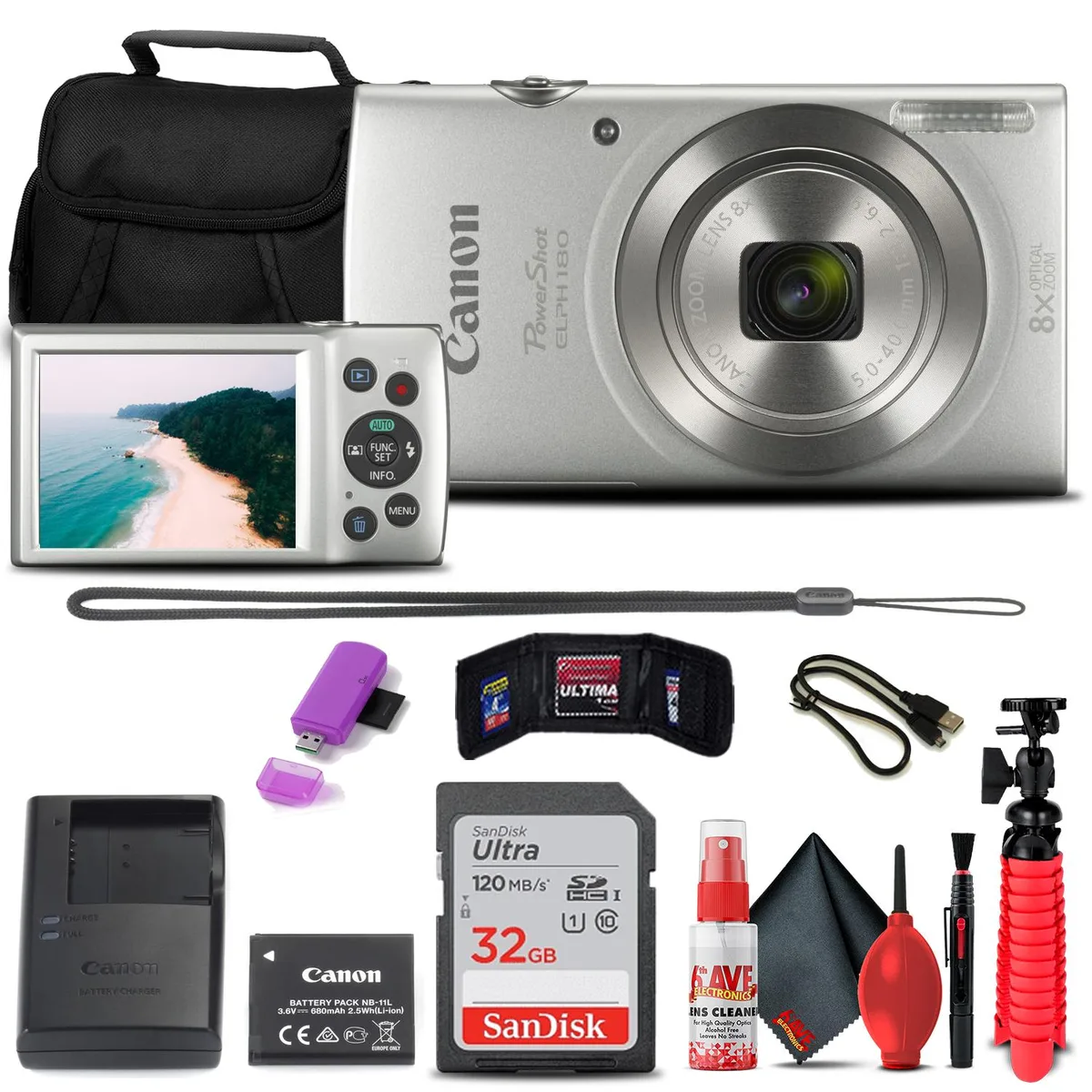 Canon Canon PowerShot ELPH 180 Silver Kit 32GB Card Case Tripod — product photo