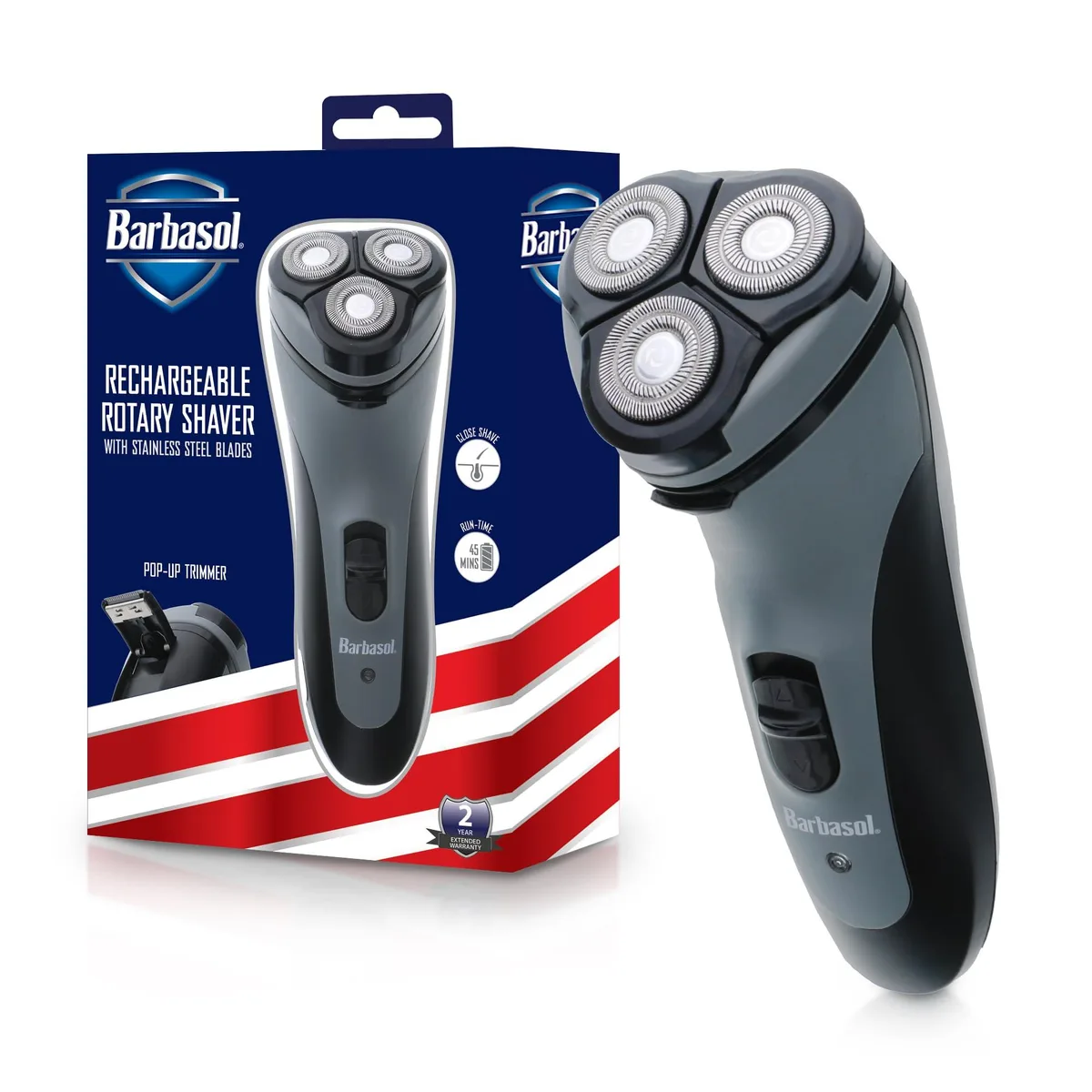 Blue rotary shaver with three circular heads and a pop-up trimmer on top