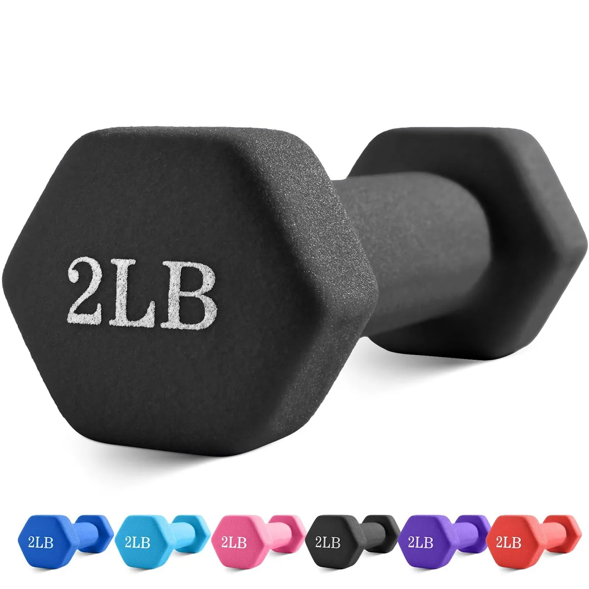 Black neoprene-coated dumbbell, hexagonal head, rubber handle, 5.91 by 1.97 inches