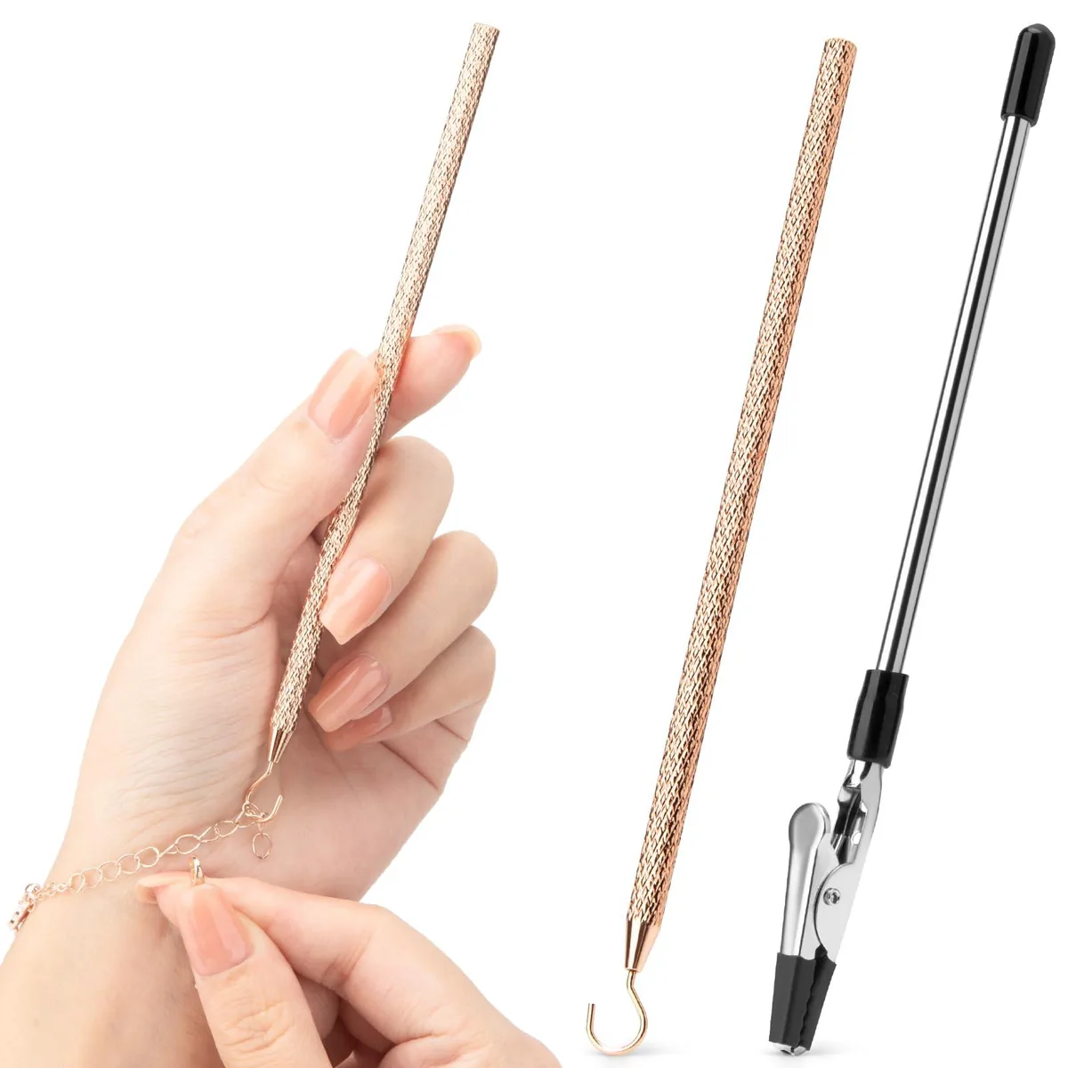 Two rose-gold stainless-steel bracelet helper tools, one with rubber-tipped clip and one with 1 mm round hook