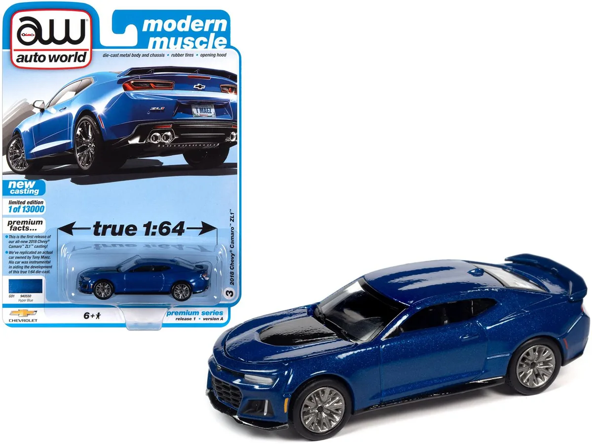 auto world Auto World 2018 Chevrolet Camaro ZL1 Hyper Blue Metallic 1/64 Diecast Limited Edition 13000 pcs — product photo