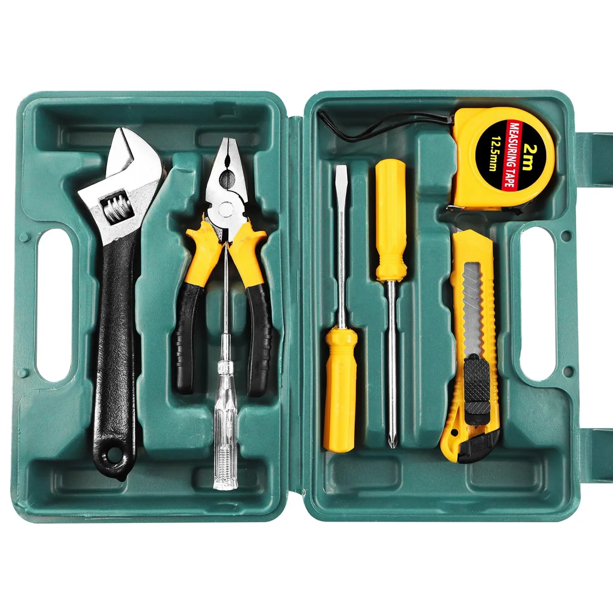 Green plastic toolbox with eight hand tools inside including adjustable wrench pliers tape measure screwdrivers craft knife