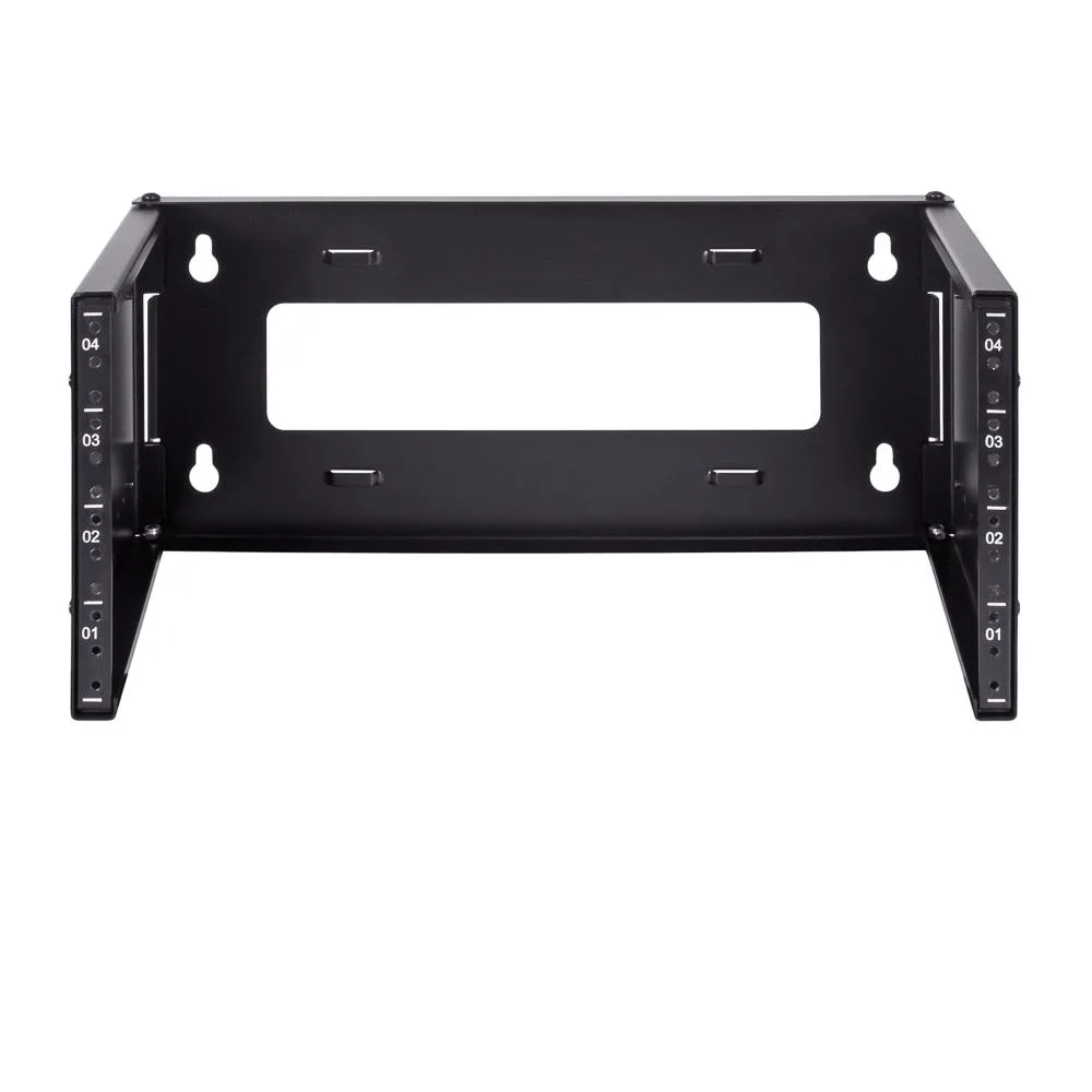 Black 4U wall-mount bracket, 19 inch wide, extendable depth 9.5 to 15.4 inch, folded flat