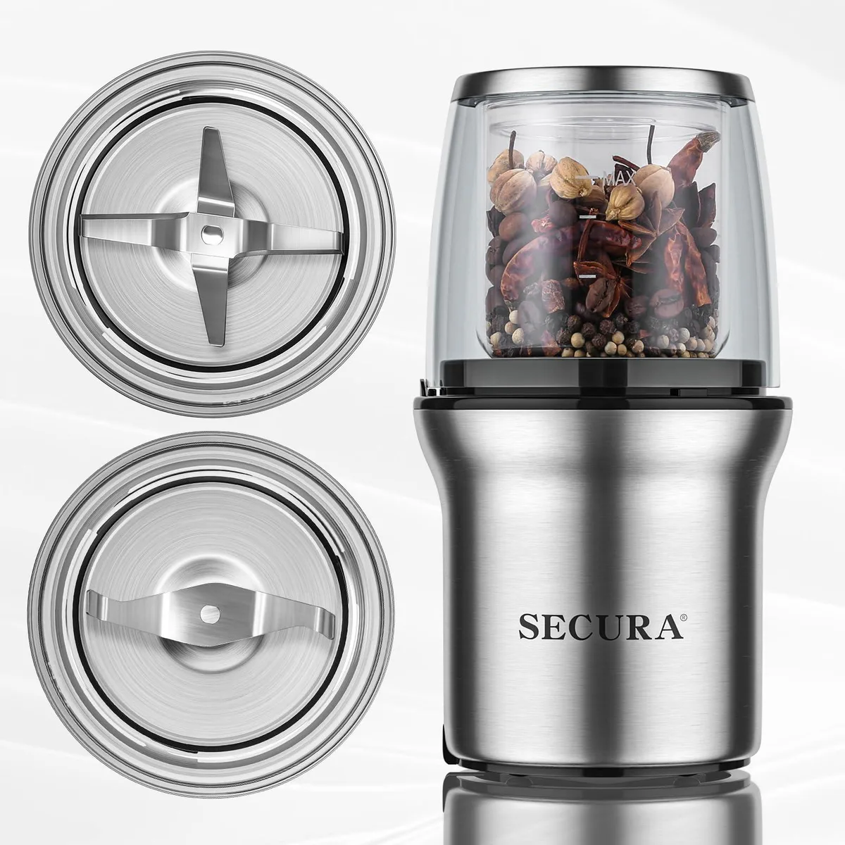 Silver cylindrical electric grinder with two glass bowls and clear lid