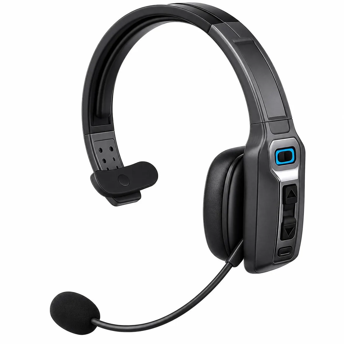 Black on-ear Bluetooth 5.2 headset with adjustable band, leather cushions and boom mic