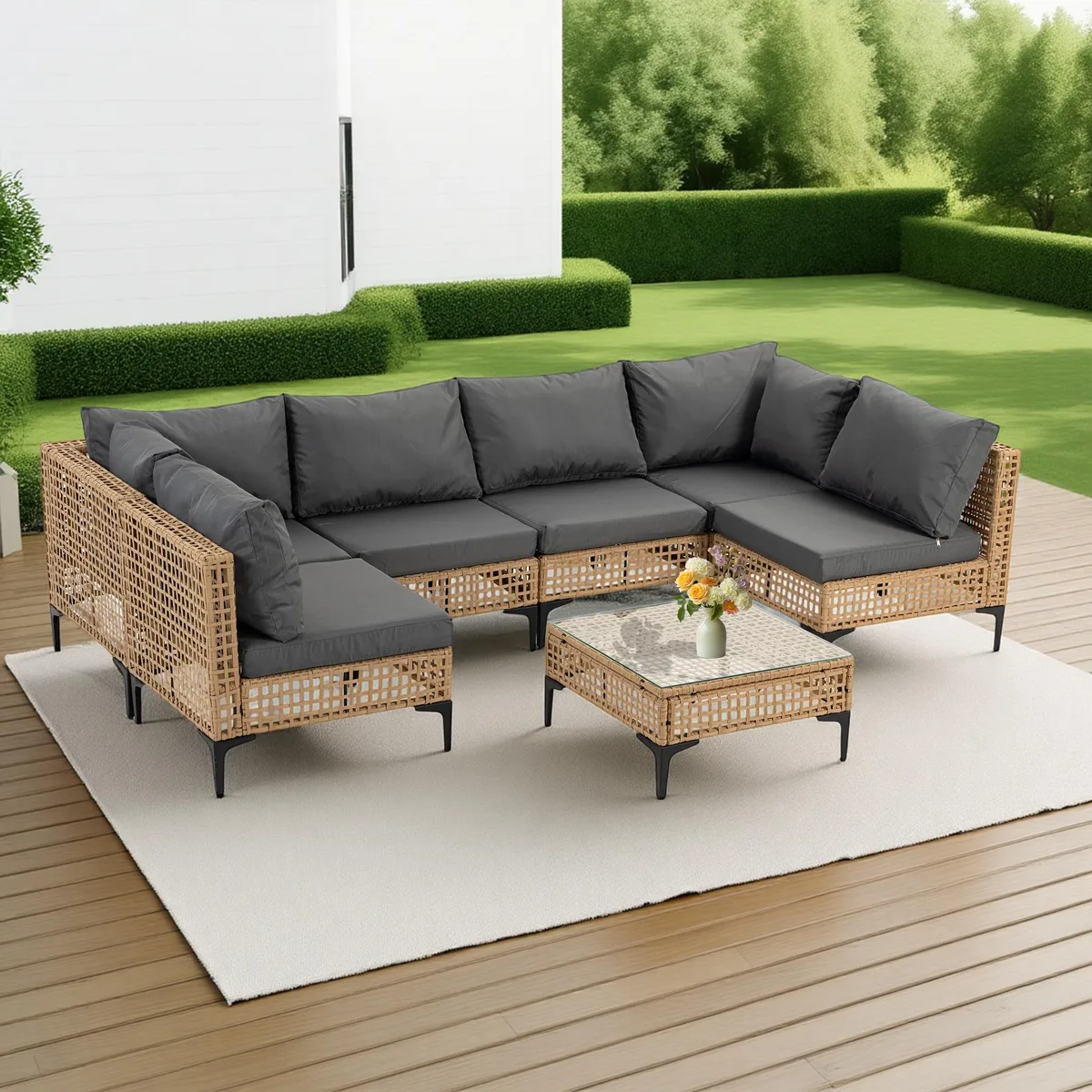 VANBOW VANBOW 7-Piece Boho Wicker Sectional Sofa Set Grey — product photo