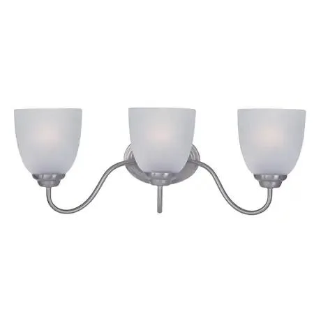 Three-light satin nickel vanity fixture with frosted glass shades