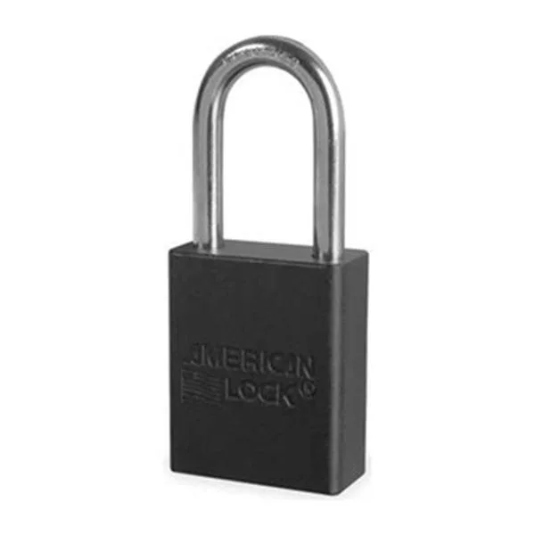 Black anodized aluminum safety padlock with boron alloy shackle