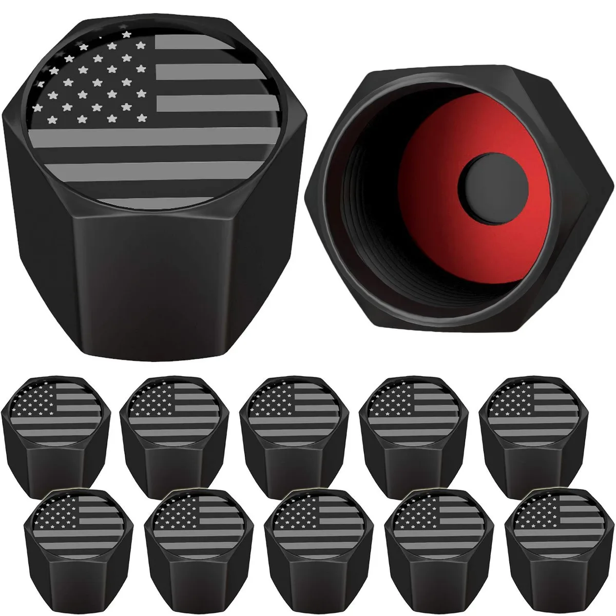  Metra American Flag Valve Stem Caps 12 Pack Black Gray USA — product photo