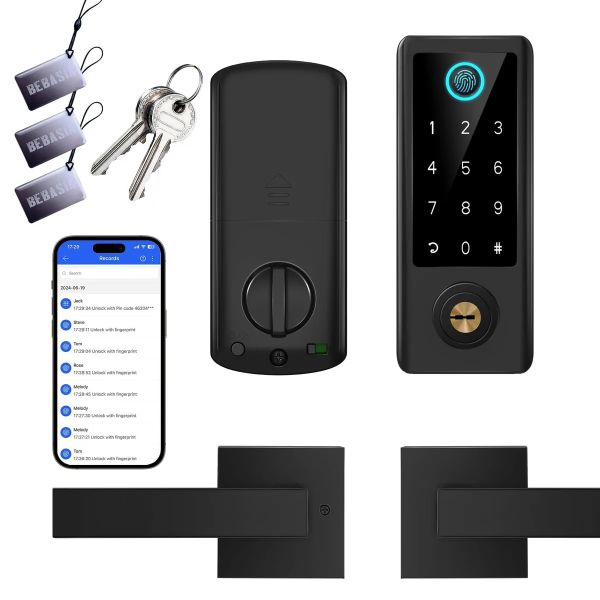 Black smart door lock with handle, touchscreen keypad and fingerprint sensor, rectangular metal body, matte black finish