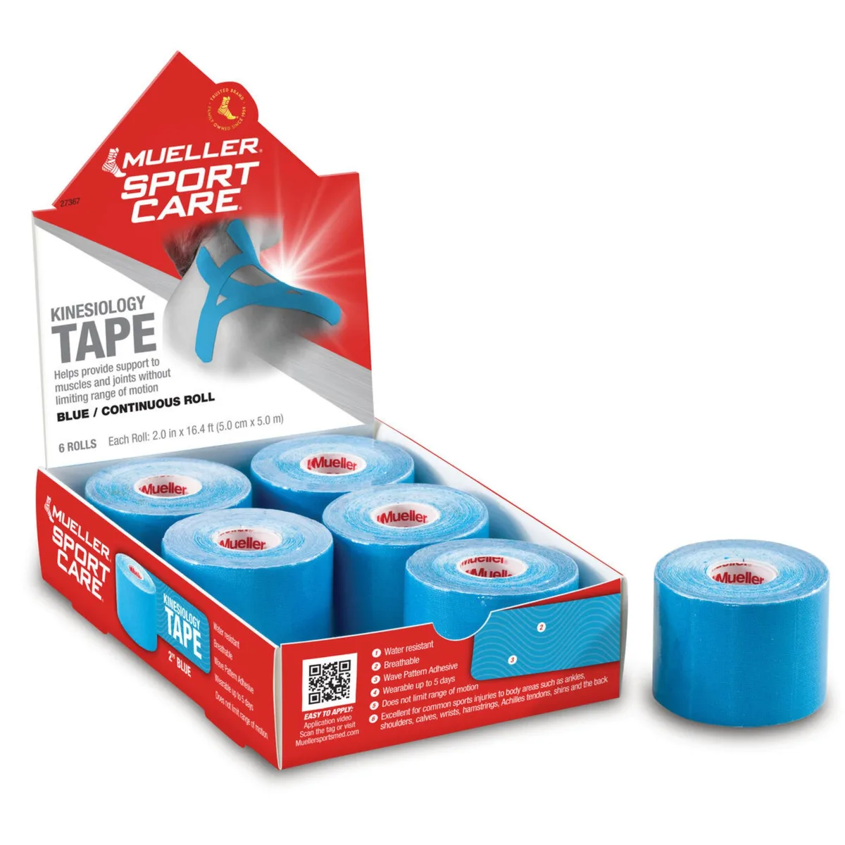 Six rolls of blue cotton kinesiology tape in continuous form