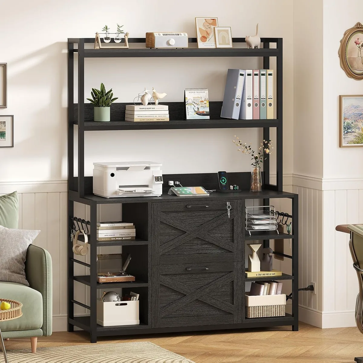 Black vertical file cabinet with charging station, open shelves, side hooks, X-shaped finish, 37.8 in top