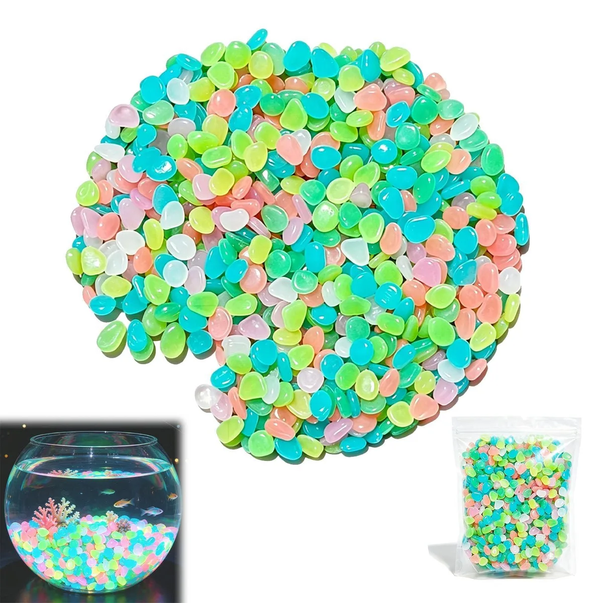 600 multi-coloured resin glow stones, smooth pebble form, black finish