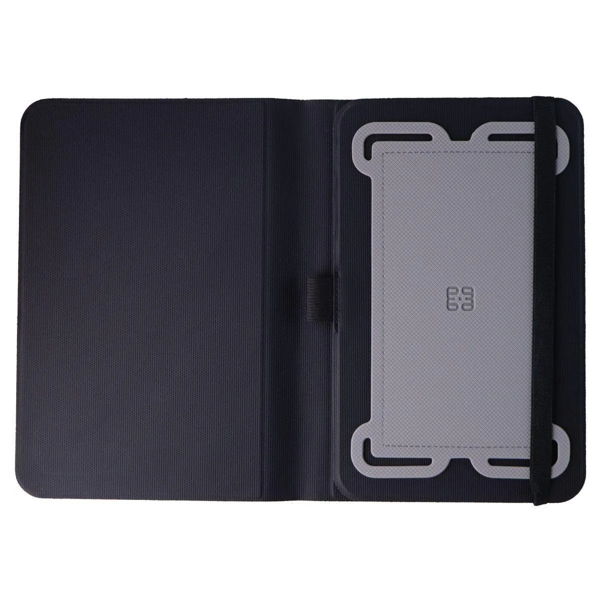 Black folio case for 7 to 8 inch tablets, textured finish, magnetic flap, stylus loop, fold-back stand