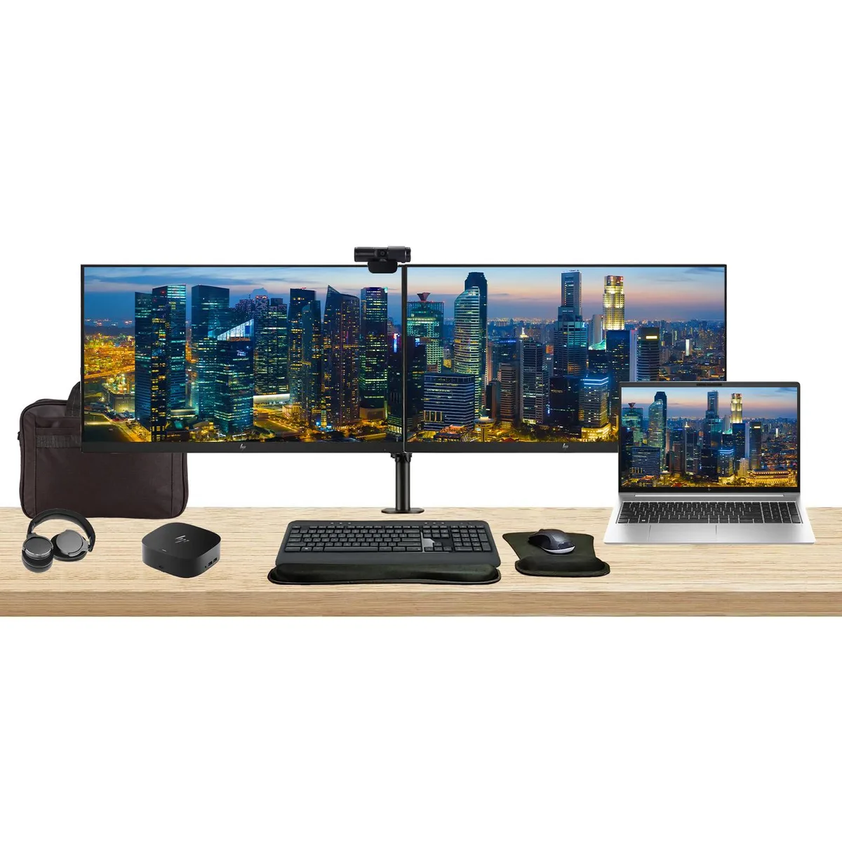 HP HP ProBook 455 G10 15.6" Ryzen 7 16GB 512GB bundle dual 27" monitors dock MK540 webcam headphones bag — product photo