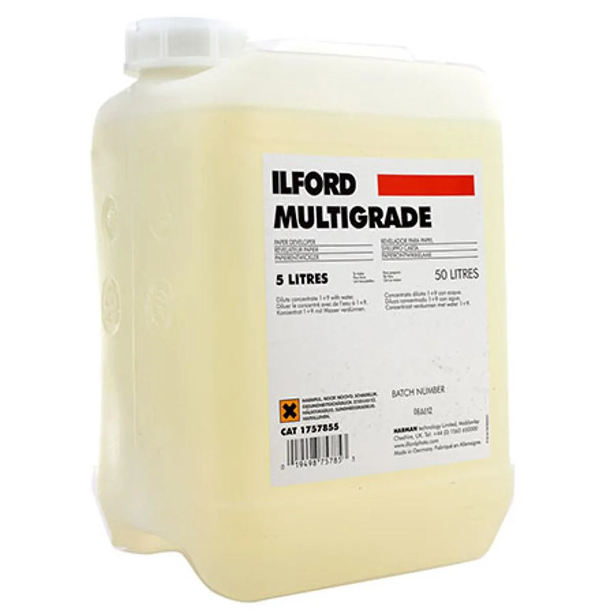 White rectangular plastic jug with black cap and Ilford label, five litre liquid concentrate