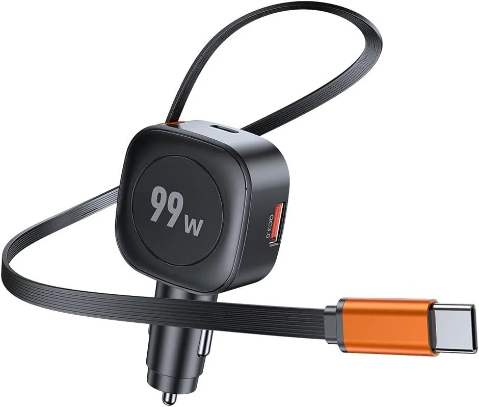 Hamzan Hamzan Retractable Car Charger 99W 3-in-1 USB-C/USB-A 27.5in Cable — product photo
