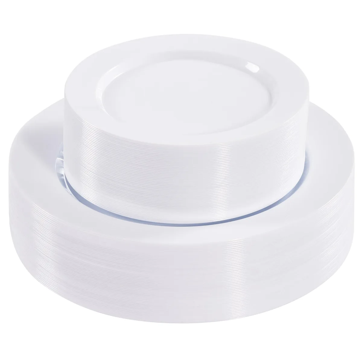 Stack of white rectangular plastic plates with geometric design
