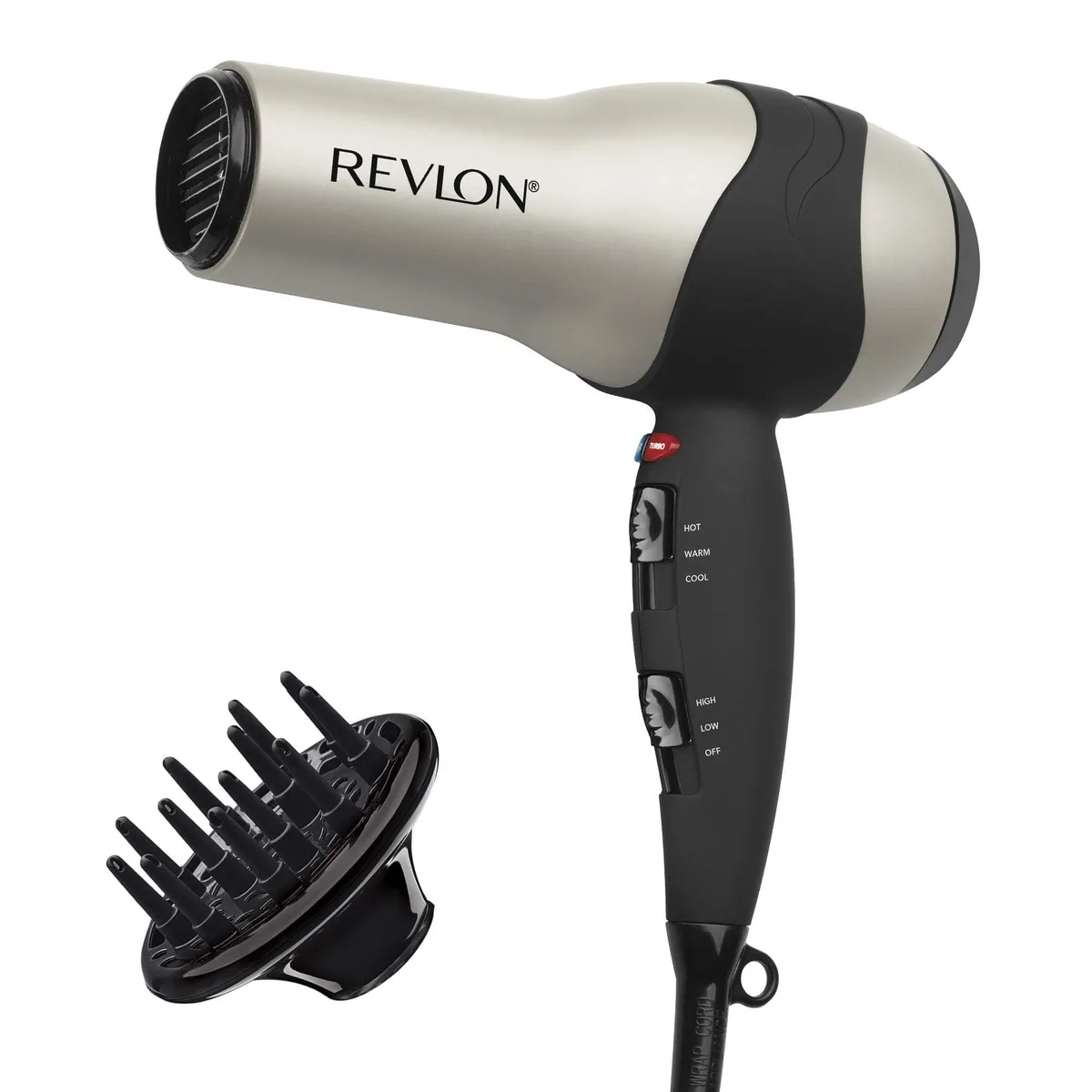 Grey Revlon RV473 hair dryer, compact pistol-grip shape with matte finish
