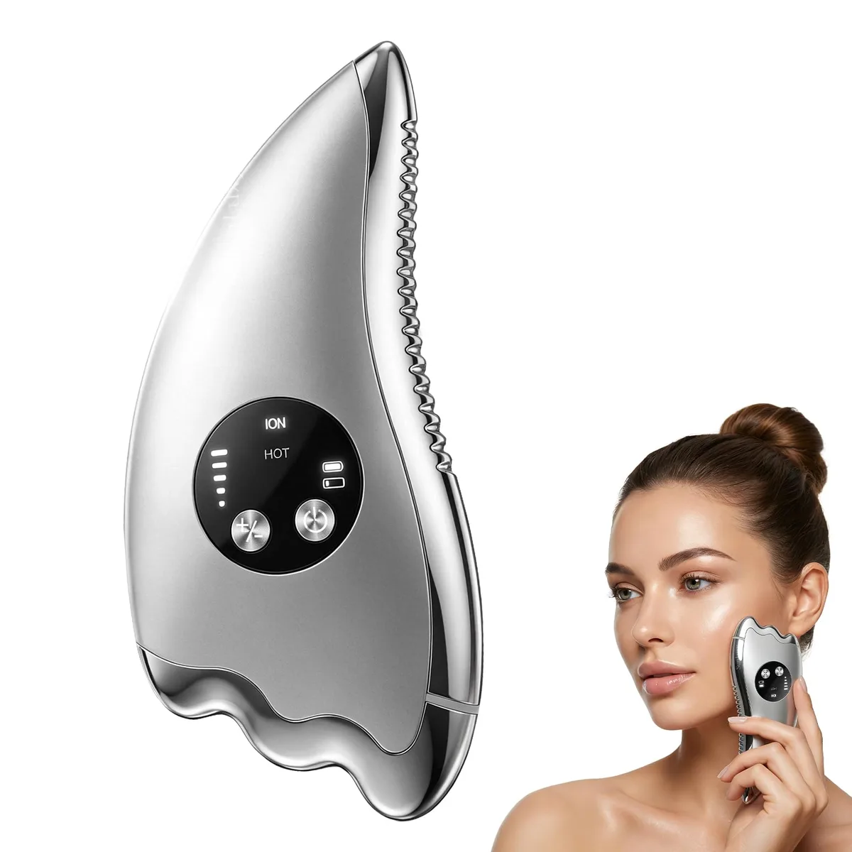 White dual-sided electric Gua Sha tool with heated metal edges